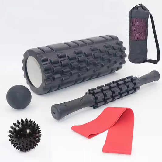 Deep Tissue 6 in 1 Muscle Massage Foam Roller, Massage Roller, Massage Ball, Trigger Point massage ball, Stretching Strap (red), for Whole Body, and Small Bag for Storage