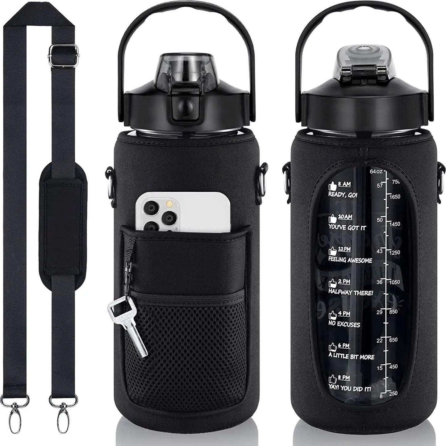 Half Gallon Water Bottle with Sleeve 64 OZ 2000ML Motivational Water Bottle with Straw & Time Marker to Drink